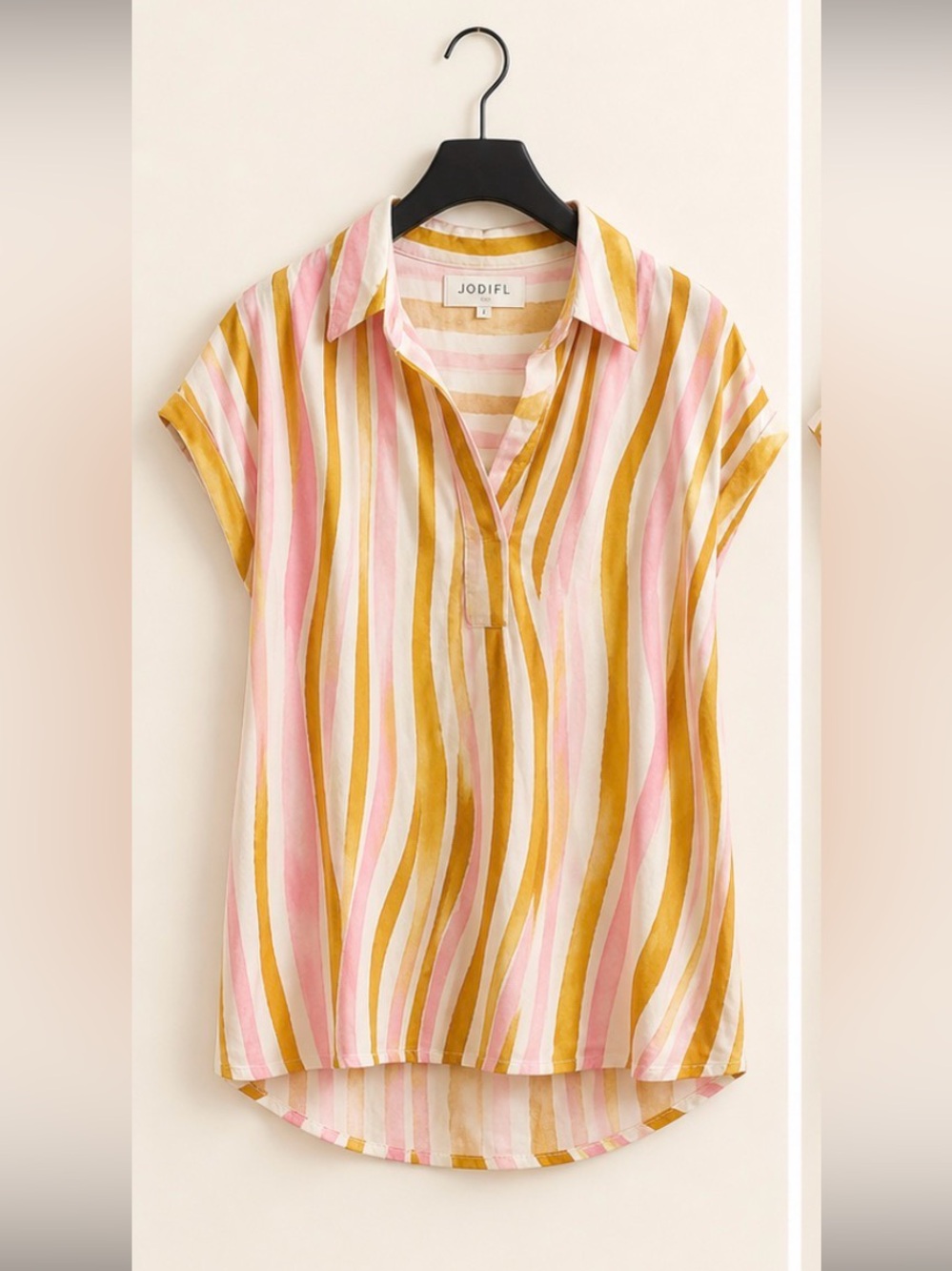 🍨JODIFL Smudge Stripe Blouse | Pink Mustard Cream | Flowy Boho Top - Picture 3 of 6